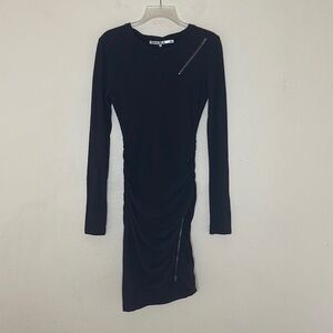 Pam & Gela Black Long Sleeve Zipper Detail Stretch Bodycon Dress Size XXS New